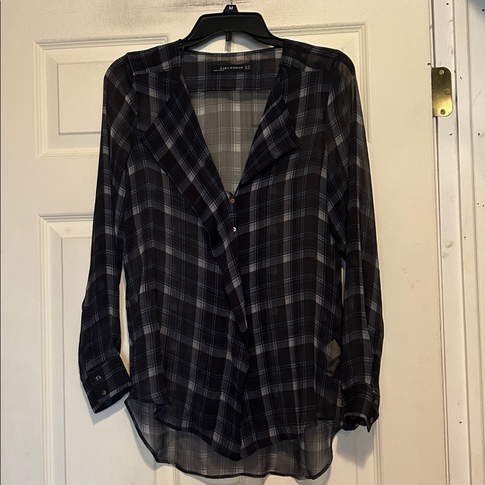 Zara Woman Sheer Top Size XS Blue Plaid